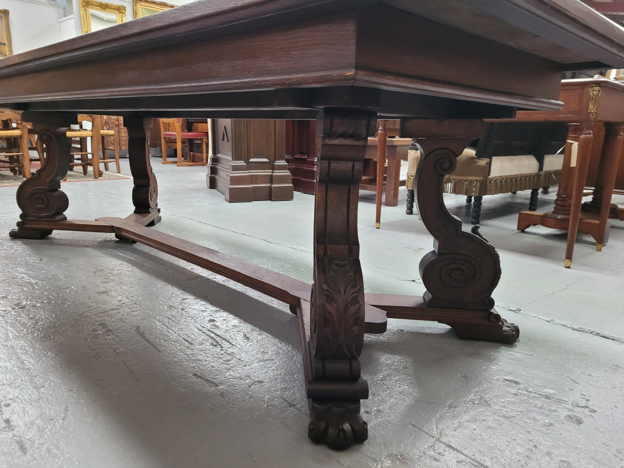 Stunning 2.55 meter French Spanish style parquetry top Oak table. Amazing one piece top and it is in good original detailed condition.