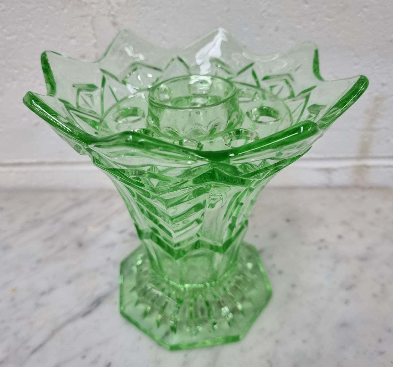 Green Depression Glass Flower Vase With Insert | Antique & Vintage | Moonee Ponds Antiques | Australia Wide Delivery