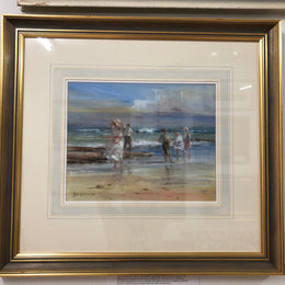 An oil on canvas on board framed and under glass a beautiful painting of a "Windy day at the beach Mornington" by Australian Artist Judy Talacko.