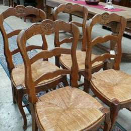 Set Of Four French Oak Rush Seat Dining Chairs
