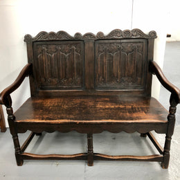 French 19th Century Oak hallway bench seat. Very comfortable to sit on and is in good original detailed condition.