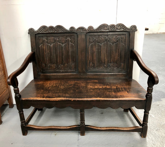 French 19th Century Oak hallway bench seat. Very comfortable to sit on and is in good original detailed condition.