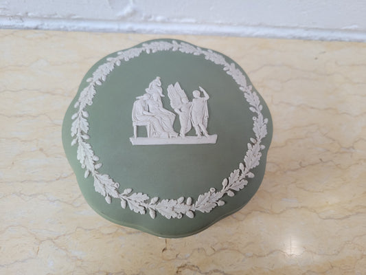 For Sale At Moonee Ponds Antiques Vintage classical design green jasper “Wedgwood” large round lidded trinket box. In good condition please view photos as they help form part of the description.