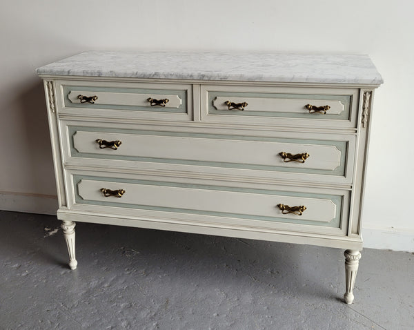 Charming Vintage French Louis 16th style original chalk painted chest of four drawers. It has been sourced from France and in good original condition.