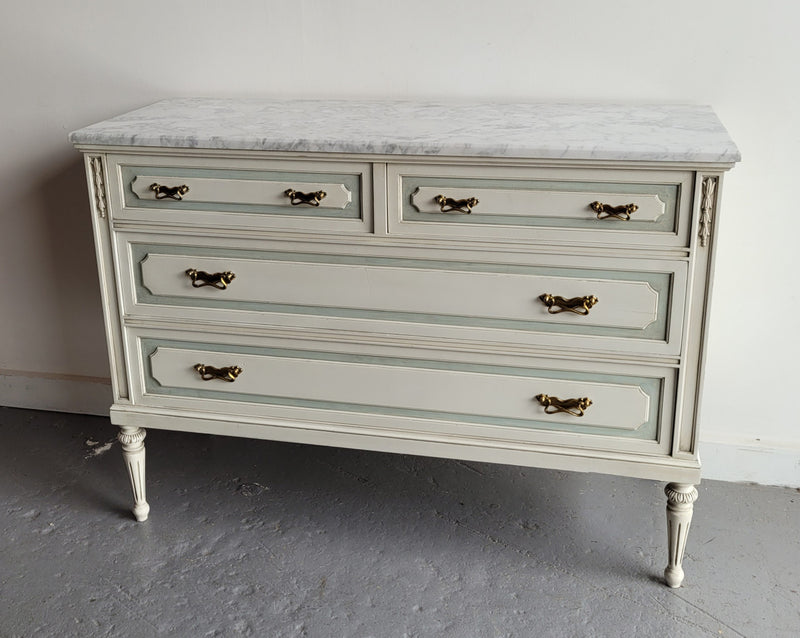 Charming Vintage French Louis 16th style original chalk painted chest of four drawers. It has been sourced from France and in good original condition.