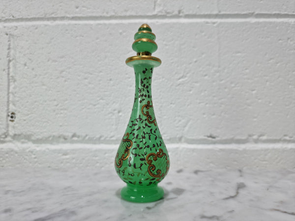 Rare French 19th century green opaline glass scent bottle with gilt decoration to body. In good original condition, please view photos as they help form part of the description.