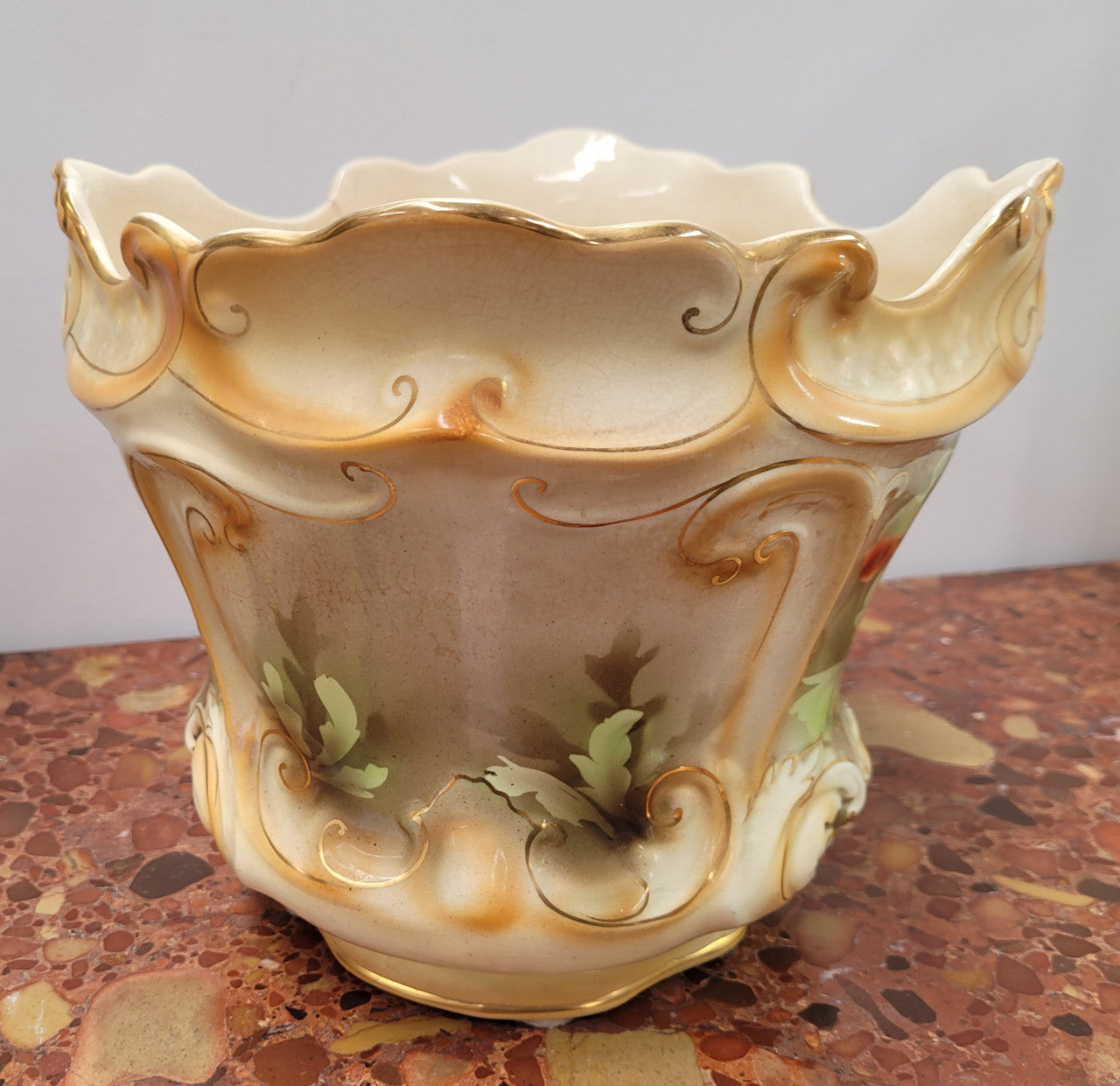Lovely Antique jardiniere with beautiful poppies in soft pastel colours. Please note that it is being sold in as found condition, please view photos as they help form part of the description.