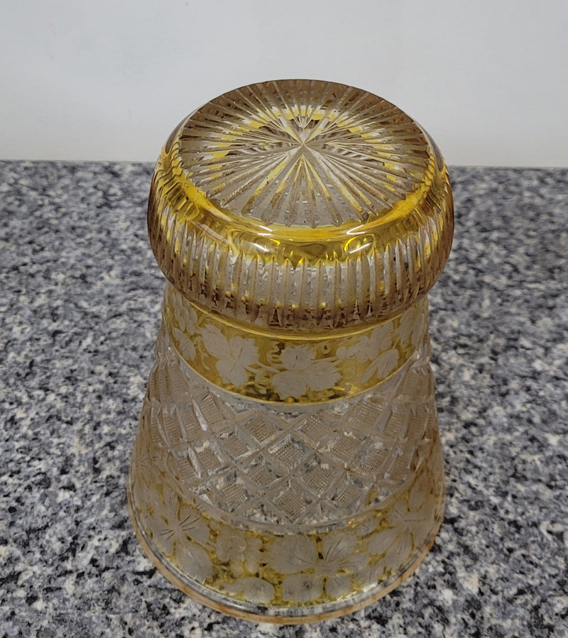 Antique Amber Bohemian acid etched and wheel engraved crystal vase. It has a stunning frieze of vine branches and a star cut base. It is in good original condition, please view photos as they help form part of the description.