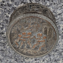 Unusual Antique silver over pottery Italian trinket box nicely decorated with Cherubs. It is in good original condition, please view photos as they help form part of the description.