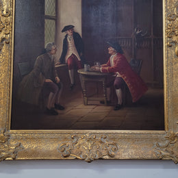 An engaging gilt framed signed oil on canvas of a "French Interior Scene". It has been sourced from France and is in good original detailed condition.
