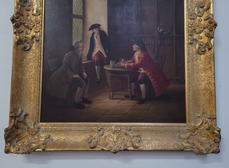 An engaging gilt framed signed oil on canvas of a "French Interior Scene". It has been sourced from France and is in good original detailed condition.