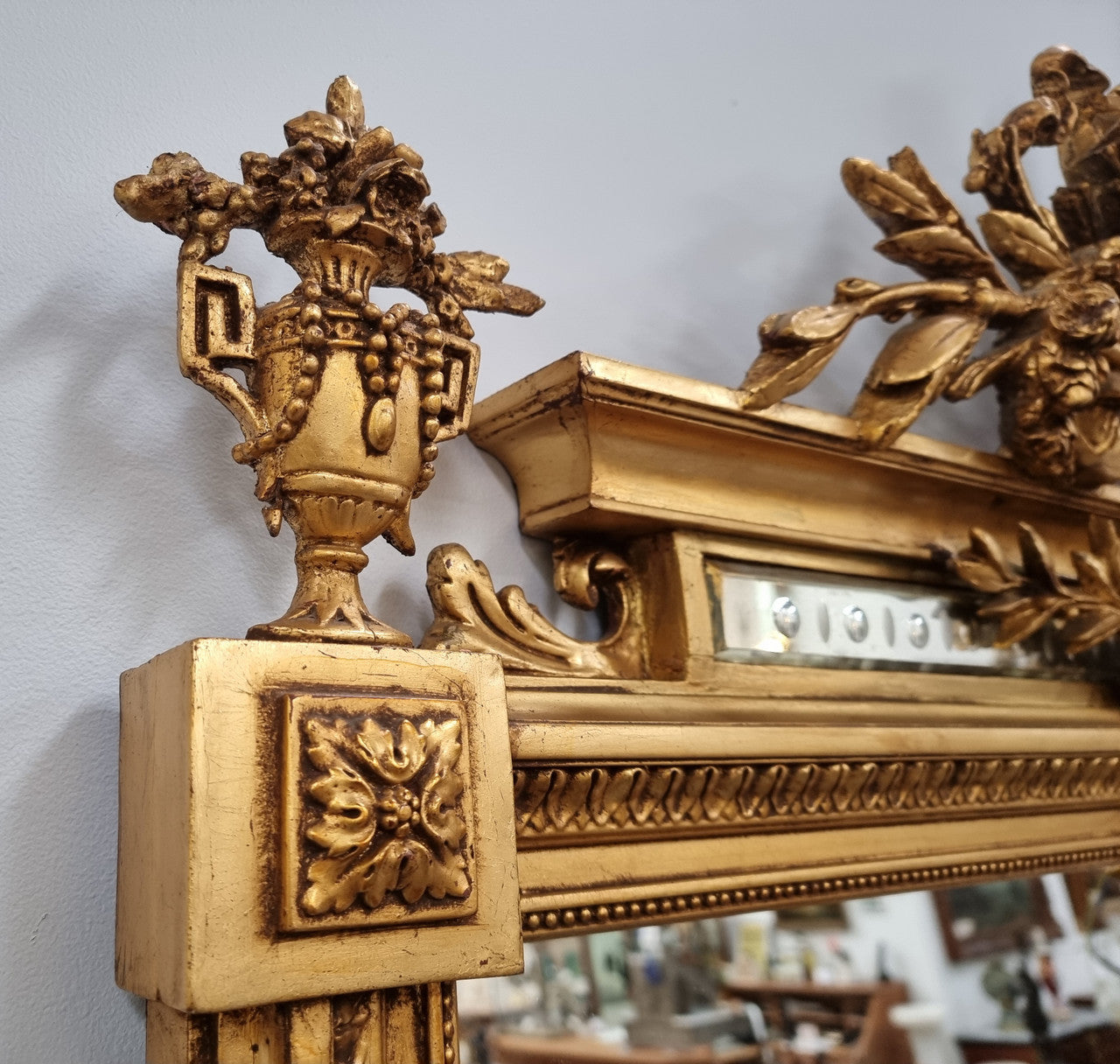 Beautifully Carved and Decorated Antique Gilt Napoleon III Louis XVI Style Gilt Overmantel Mirror