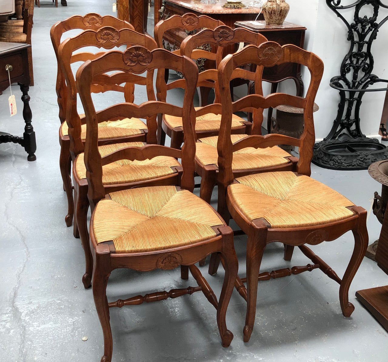 Antique Set of Six French Cherrywood Rush Seat Dining Chair